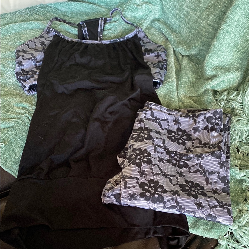 Black and Gray Lace sports bra with top attached and matching pants